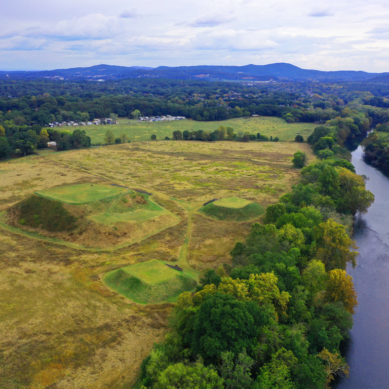 Etowah Indian Mounds State Historic Site aerial view of mounds and river