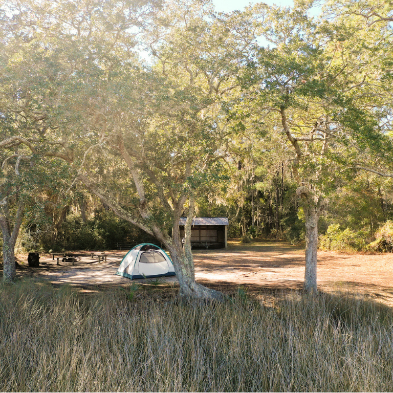 a tent at fort morris state historic site among live oaks and marsh