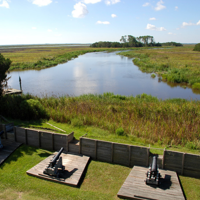 Fort King George cannons with marsh in the background