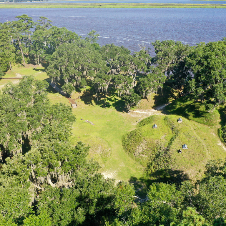 Fort McAllister aerial with live oaks and fort