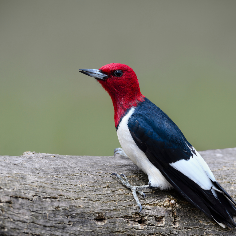 a woodpecker with a solid crimson head, black wings, and bold white patches.