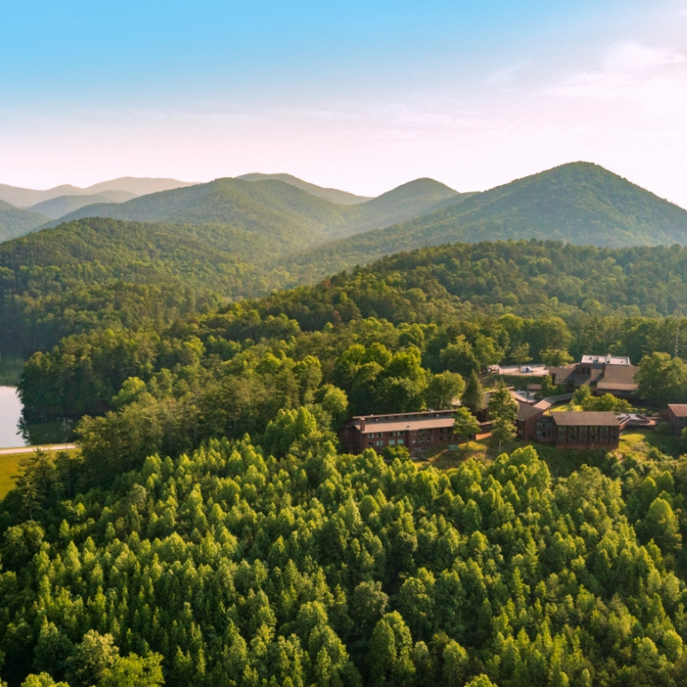 Unicoi from above, with mountains and lodge visible with forested area